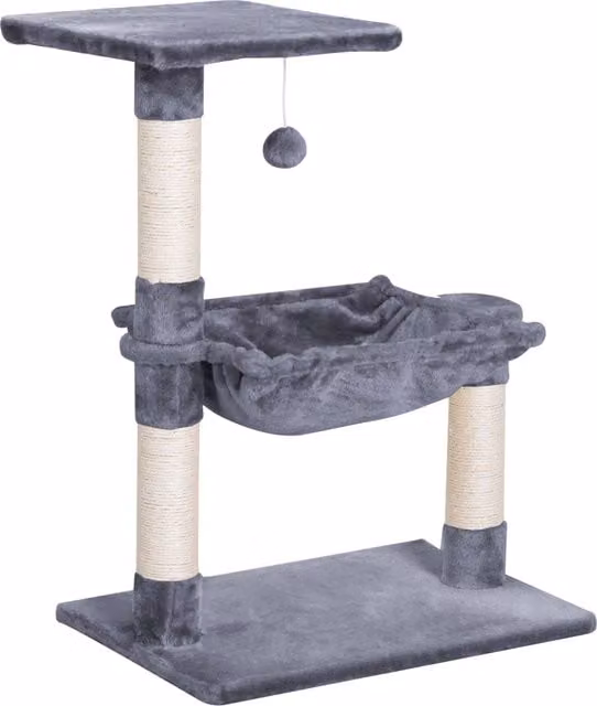 Tiragraffi per gatti multilivello PawHut con amaca, in legno e peluche, Grigio, L 36 x P 36 x H 70 cm – 1