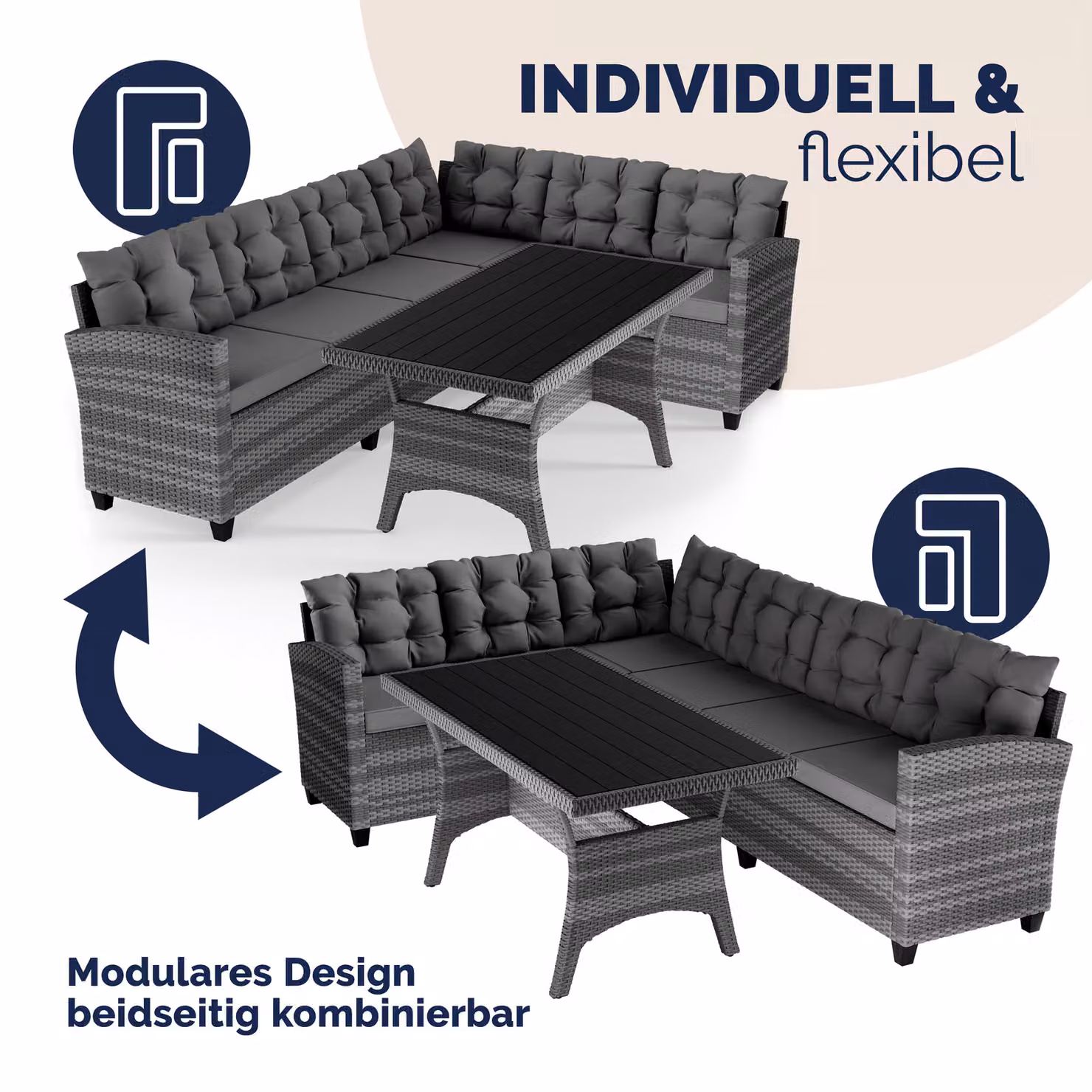 Set da giardino moderno Casaria® Lisbona a forma di L in rattan grigio con divano a 2 posti, tavolino da caffè e cuscini inclusi – 2