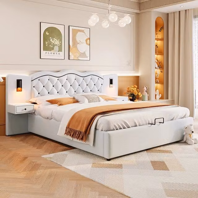 Letto a cassone - Xylo - 180x200 cm - Beige - Capitonn??, connessione USB, due lampade da comodino