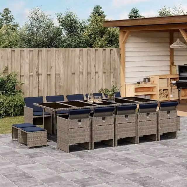 Set da pranzo da giardino vidaXL in polyrattan con tavolo in vetro e 15 pezzi, Grigio