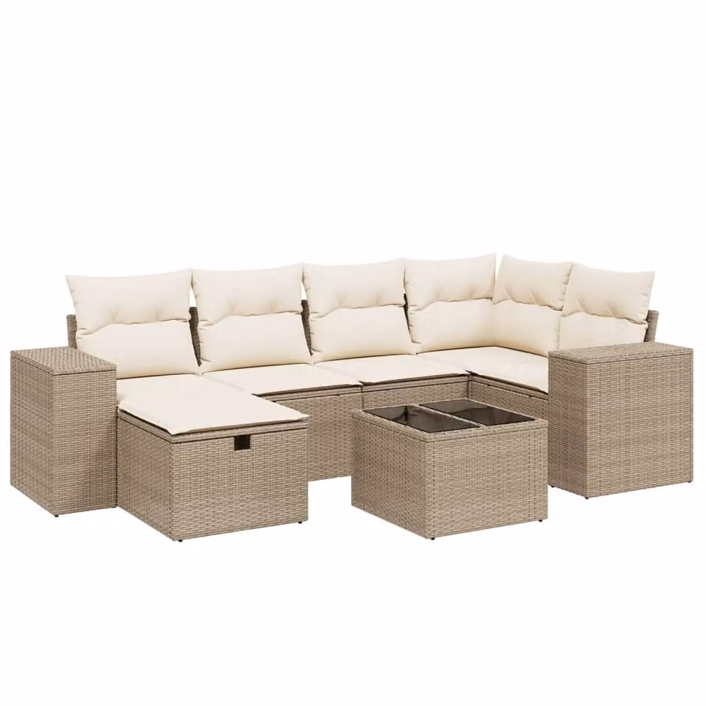 Set Divani da Giardino 7 pz con Cuscini Beige in Polyrattan