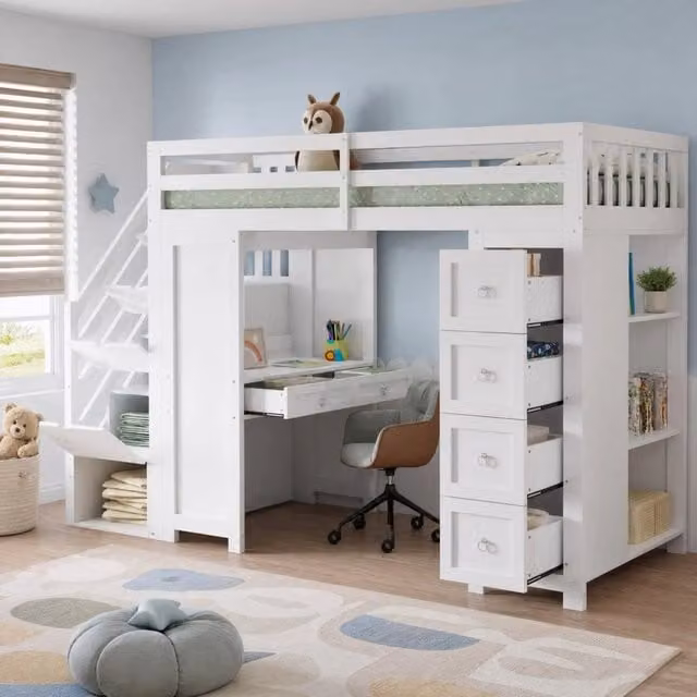 Letto a soppalco ULEVR 90x200 cm bianco con scrivania, 6 cassetti, ripiani laterali e scala contenitore