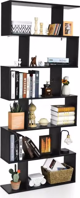 Libreria moderna a 6 livelli in legno nero con design a S e fissaggio a parete per casa e ufficio – 1