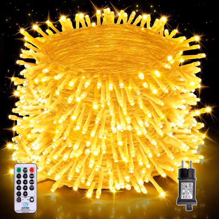 Catena luminosa da 80 metri, con 800 LED, luce bianco caldo, grado di protezione IP44, con telecomando