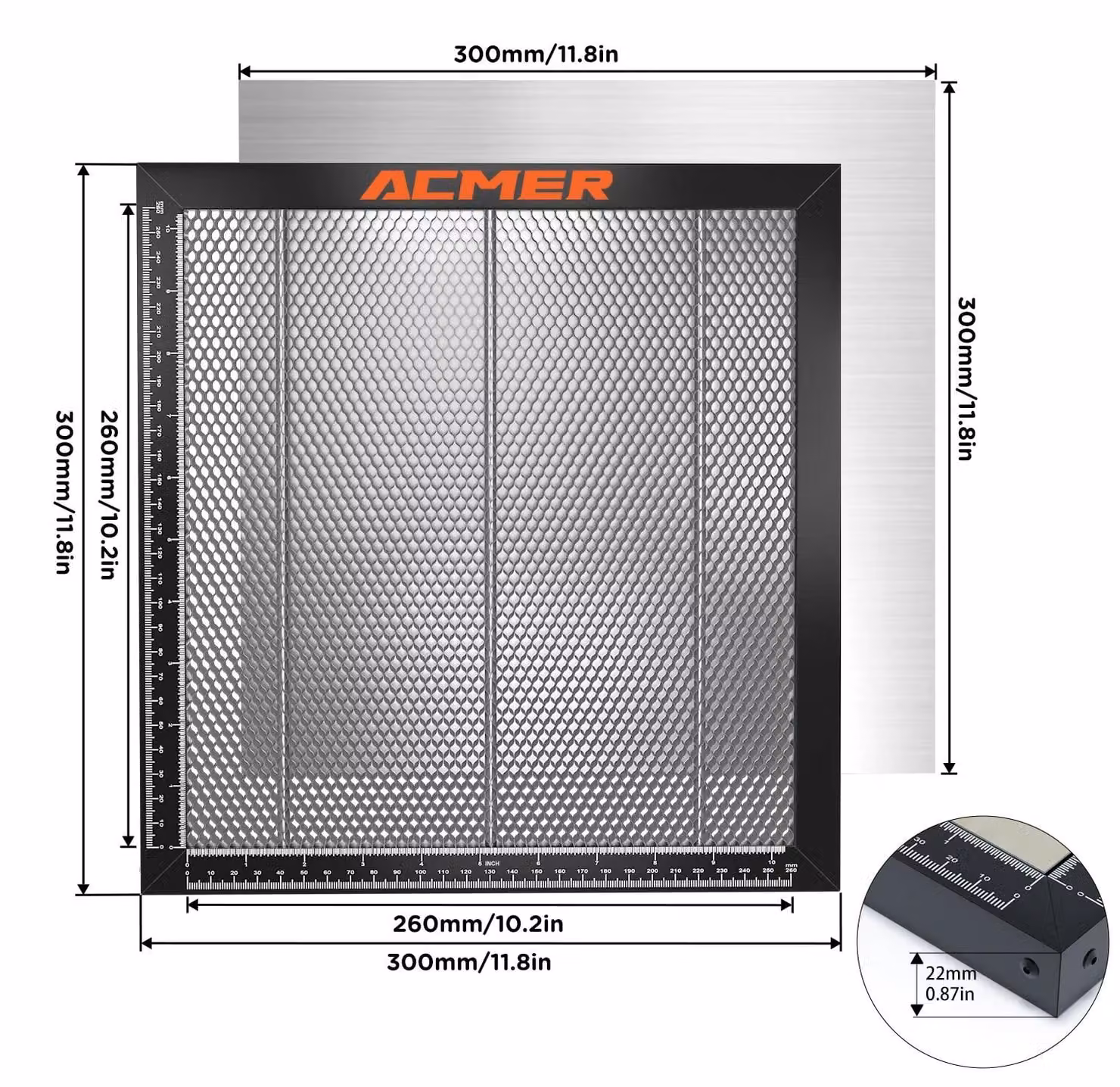 Tavolo alveolare per incisione laser - 300x300x22 mm - Piano universale per incidere e tagliare con laser CO2 - Con piastra in alluminio - Spille di fissaggio - Scala graduata - Tappetino antiscivolo