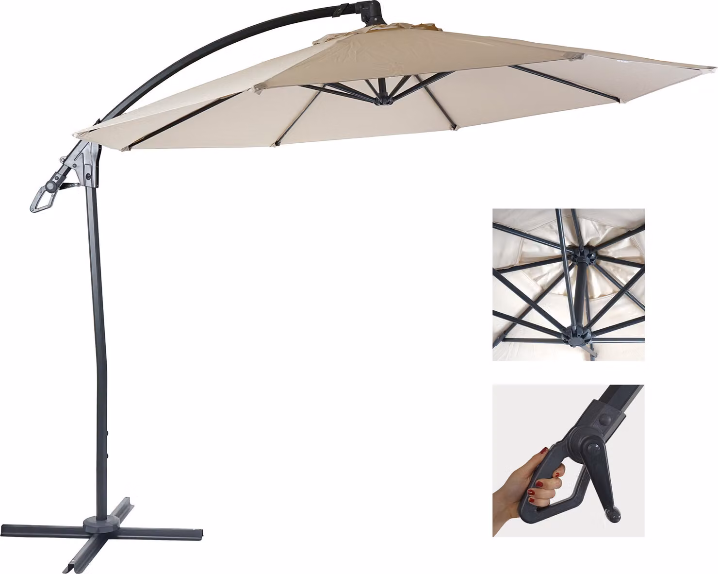 Ombrellone Deluxe a sbalzo HWC-D14, ombrellone rotondo Ø 3m poliestere alluminio/acciaio 14kg ~ bianco panna senza supporto