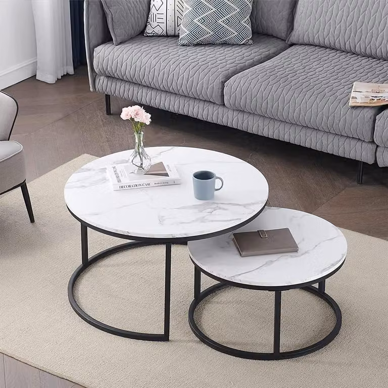 Set di 2 tavolini rotondi, tavolino da divano impilabile, struttura in metallo, diametro 60/40 cm, bianco/nero