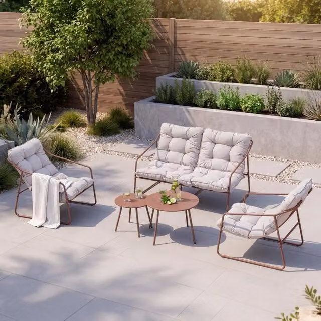 Set di 5 Mobili da Giardino Kivanta en.casa con 2 Tavolini Rotondi, 2 Poltrone e Divano, Colore Arancione e Beige con Cuscini in Tessuto Olefin e Struttura in Acciaio Verniciato a Polvere – 1