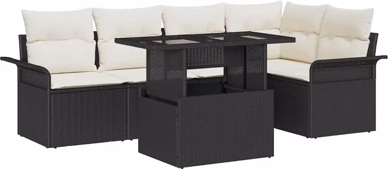 Set Divano da Giardino con cuscino 6 pcs Nero Poly Rattan