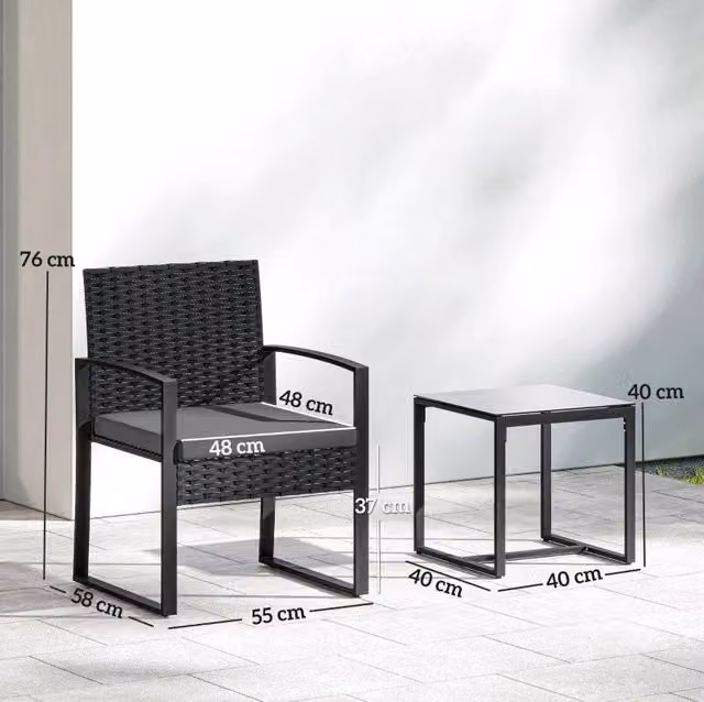 Set da giardino ULEVR 3 pezzi per 2 persone con 2 poltrone, tavolino in vetro temperato e cuscini grigio scuro