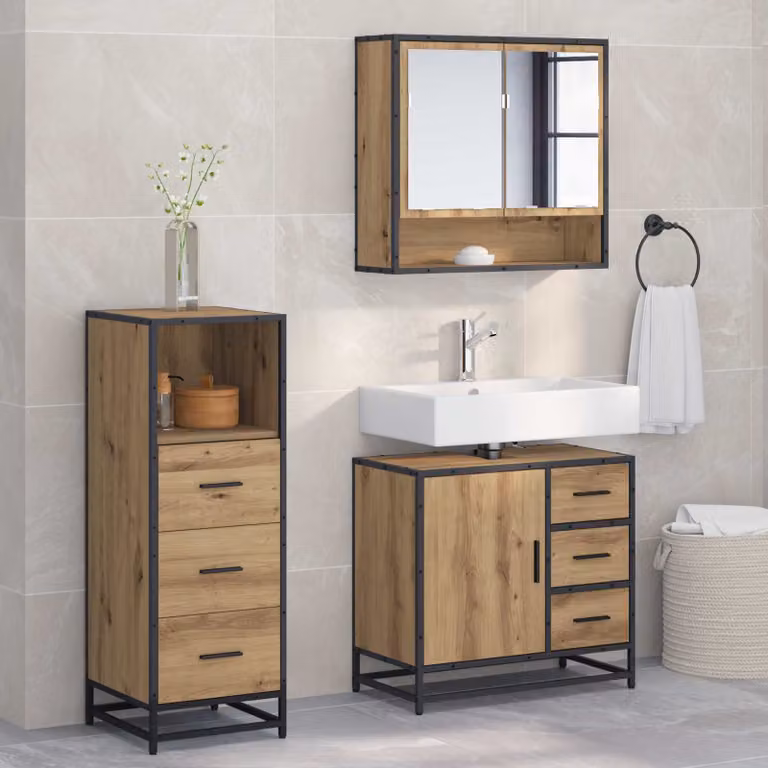 Set di mobili per il bagno moderno vidaXL in 3 pezzi color rovere con armadietto a specchio, mobile lavabo e mobiletto laterale