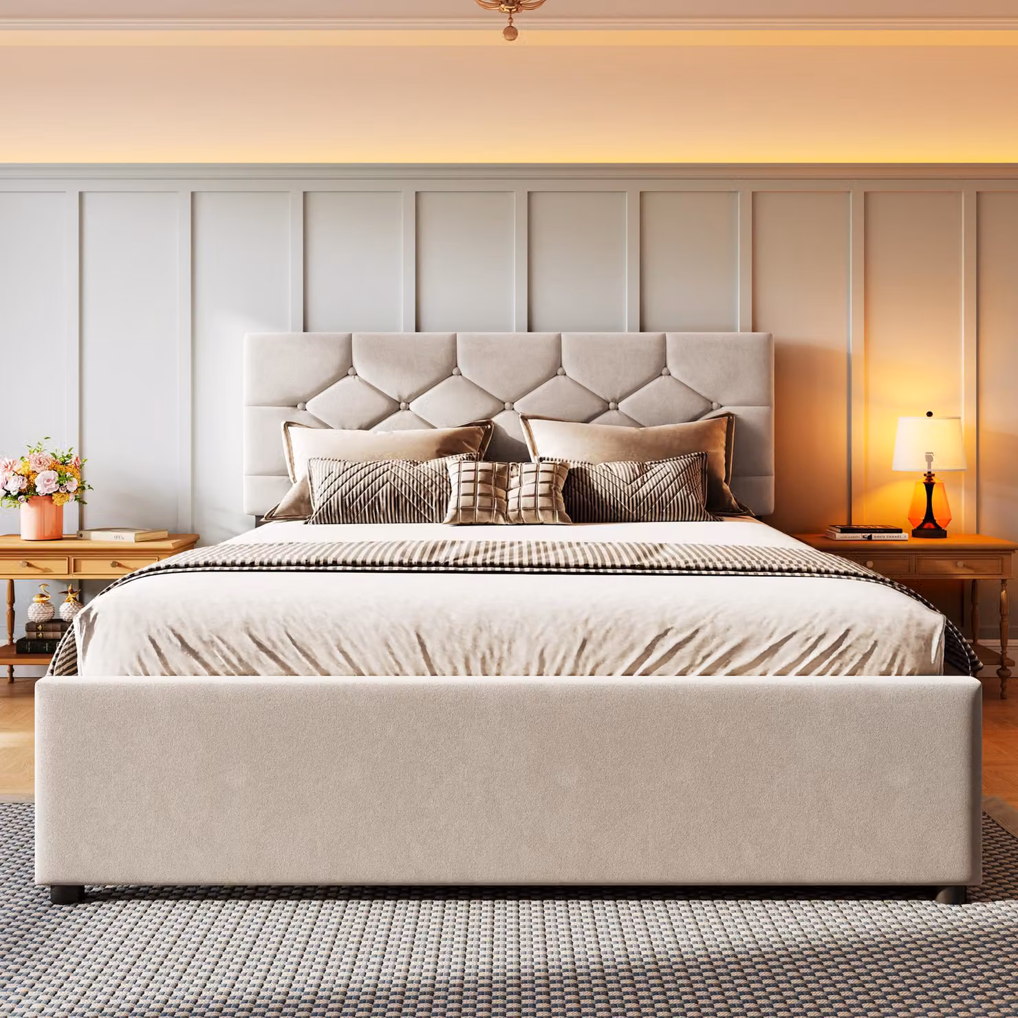 Letto imbottito 140x200 cm con letto estraibile 90x190 cm, reversibile, rivestito in velluto, con rete a listelli e testiera imbottita a bottoni, colore beige