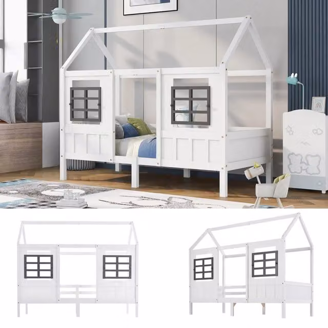 Letto a casetta per bambini 90x200 cm in legno di pino con finestre; barriera protettiva e design casa bianco