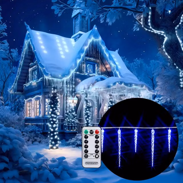 Catena di ghiaccioli LED Monzana blu con telecomando, timer e regolazione luminosità, IP44, 10,4 m