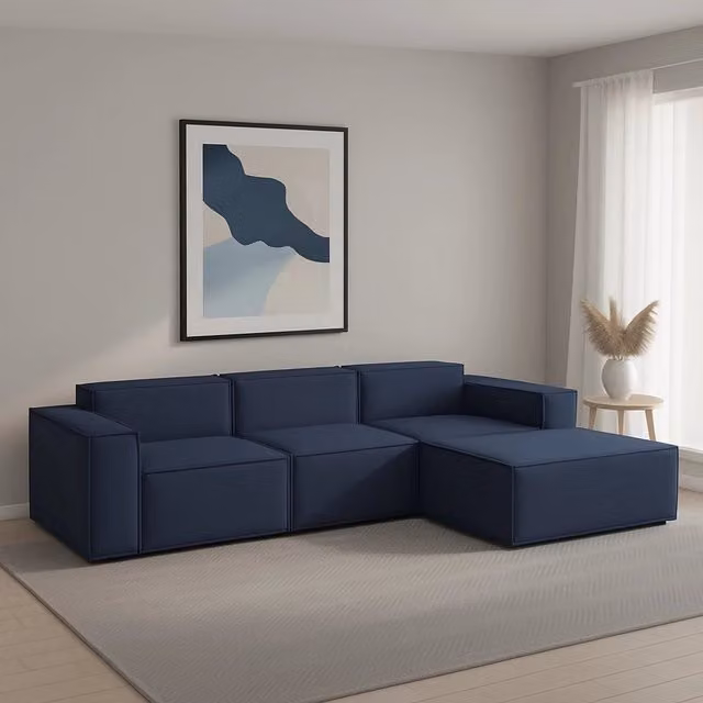 Divano componibile Ananas TALAMO ITALIA a 3 posti con penisola destra, modello moderno in tessuto blu con funzione letto e coperture rimovibili, L: 300 cm, P: 170 cm, H: 70 cm