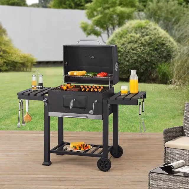 Barbecue a carbonella portatile Arnad casa.pro nero con termometro e ruote, H: 47,5 cm, L: 135 cm, P: 105 cm