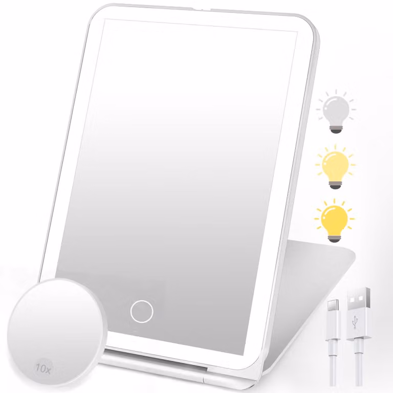 SURFOU Specchio cosmetico con illuminazione, ricaricabile, pieghevole e ultrasottile, 3 colori di luce regolabili, touchscreen e mini ingrandimento 10x, perfetto per i viaggi e per la casa (bianco)
