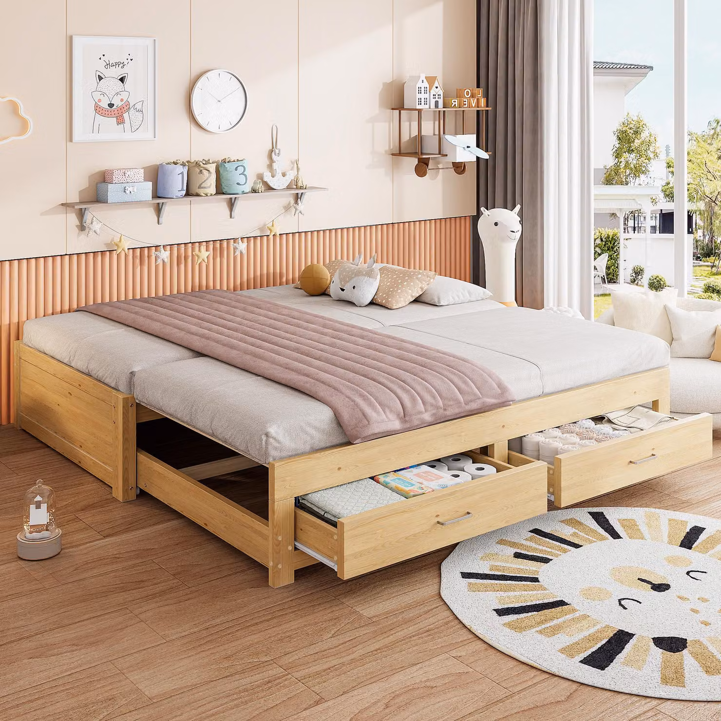 Letto singolo okwish 90/180×190 con materasso e letto a estensione, divano letto con due cassetti, letto in legno color naturale