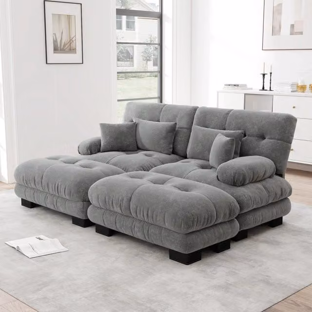 Divano modulare MIVRAY a 2 posti in tessuto grigio per soggiorno con ottomane coordinati e cuscini decorativi