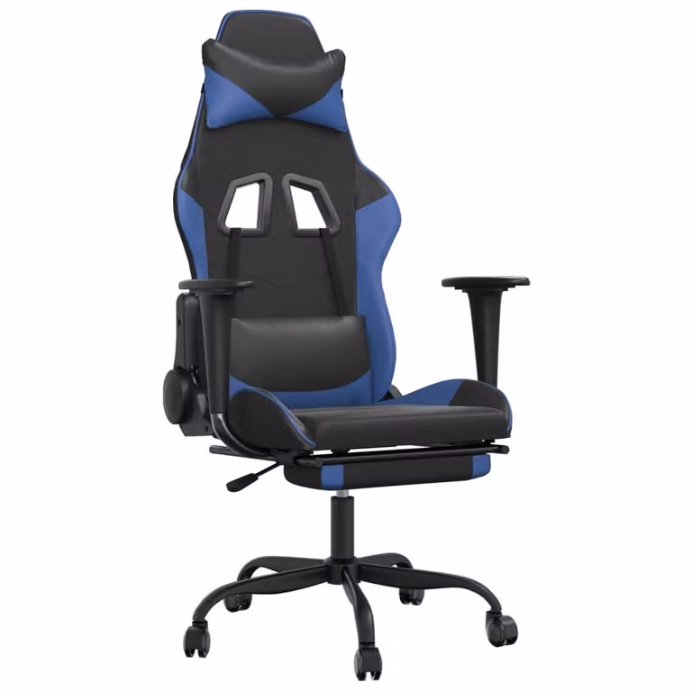Sedia da Gaming con Poggiapiedi Nero e Blu in Pelle finta