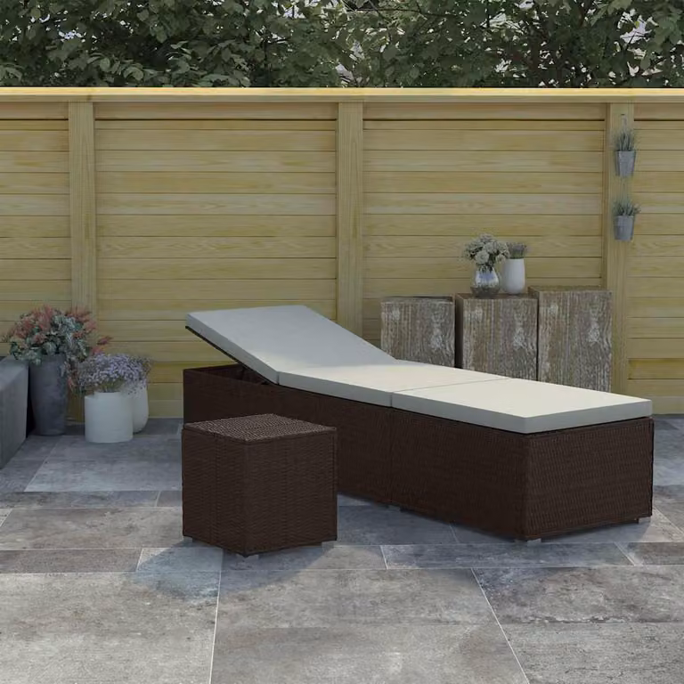 vidaXL Lettino Prendisole con Cuscino e Tavolino in Polyrattan Marrone e Bianco