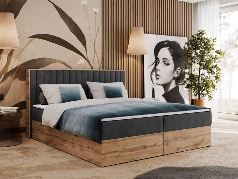 Letto boxspring, due cassetti portaoggetti, set completo con materasso e coprimaterasso - Albero-4 - 160x200 cm - Grigio scuro testurizzato - H4