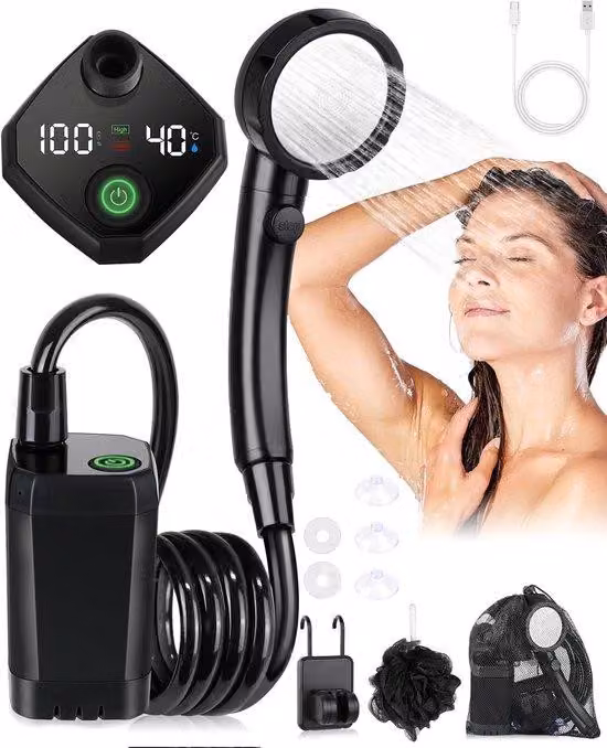Doccia da campeggio portatile da 6000 mAh - Pompa e indicatore di temperatura - Set da esterno - Soffione - Tubo da 2 m - Giardino - Lavaggio auto - Spiaggia - Cani - Nero