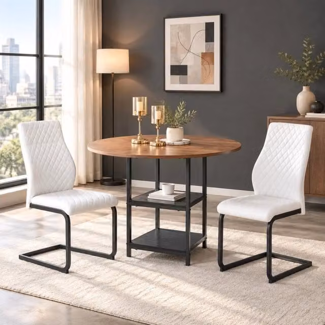 Set da pranzo MIVRAY composto da tavolo rotondo in MDF effetto noce e due sedie in similpelle bianca, L/P/H: 120 x 75 x 75 cm