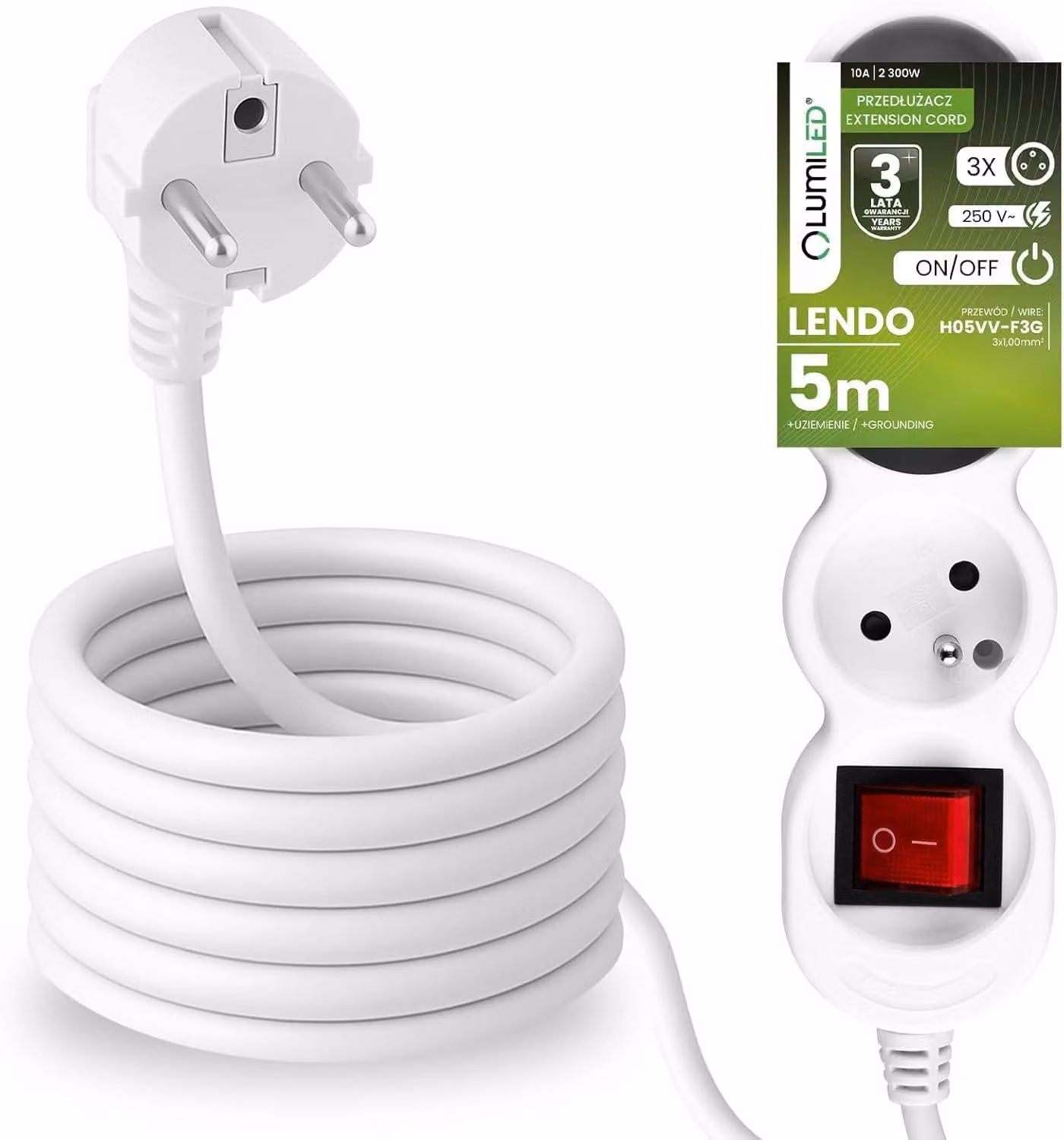 Presa multipla LUMILED con interruttore ON/OFF Presa a 3 vie tipo E, cavo da 5 m H05VV-F3G, bianco, presa multipla E 10A 2300W 250V IP20 Staffa per sospensione