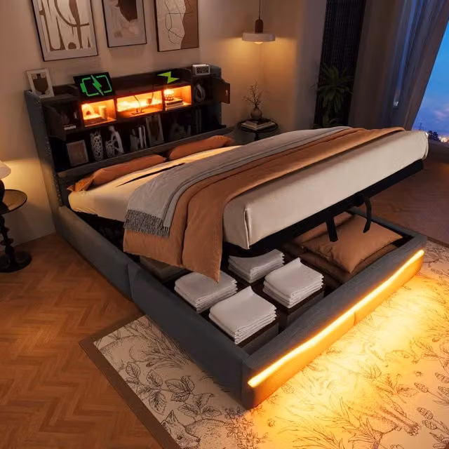 Letto matrimoniale 140x200 cm, con prese di ricarica, luci a LED, vano portaoggetti, grigio