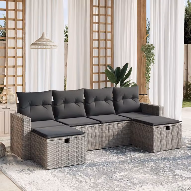 vidaXL Set Divano da Giardino a L in Polyrattan Grigio con 6 Pezzi e Cuscini Imbottiti