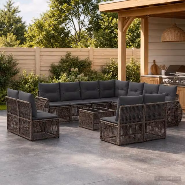 Set Divano da Giardino a Forma di U vidaXL in Polyrattan Grigio e Antracite con Cuscini e Tavolino – 1