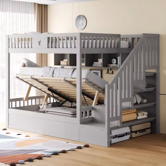 Letto a castello in legno 140x200 cm grigio con contenitore idraulico e scala