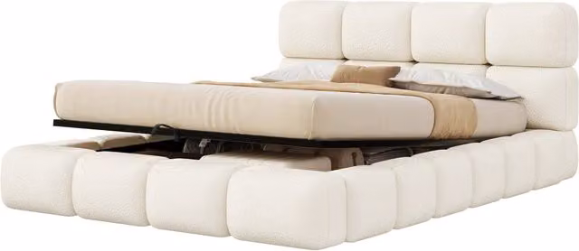 Letto Contenitore 160x200 cm; Idraulico e con Rete in Bouclé Bianco