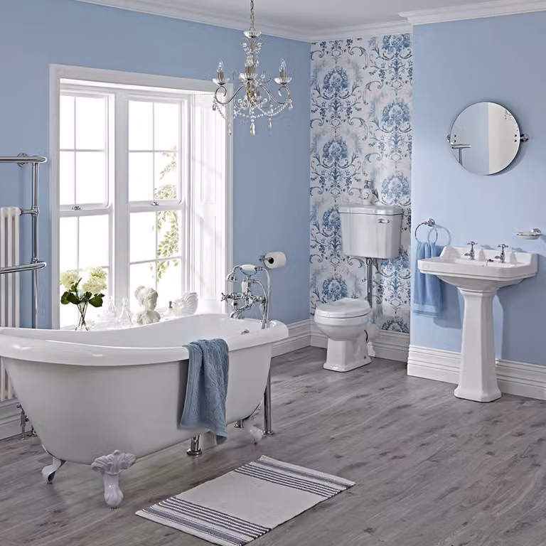 Set Bagno con Vasca Freestanding- Lavabo su Colonna- WC a Terra- Rubinetteria - Soluzione completa - Carlton