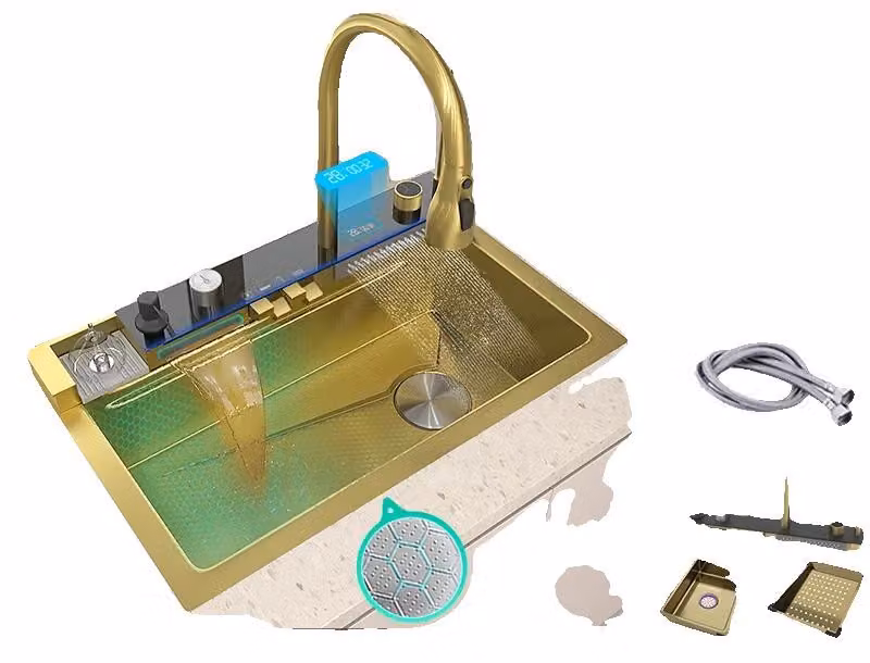 Lavello da cucina, vasca singola, acciaio inossidabile 304, modello 8046-Gold-FM-C
