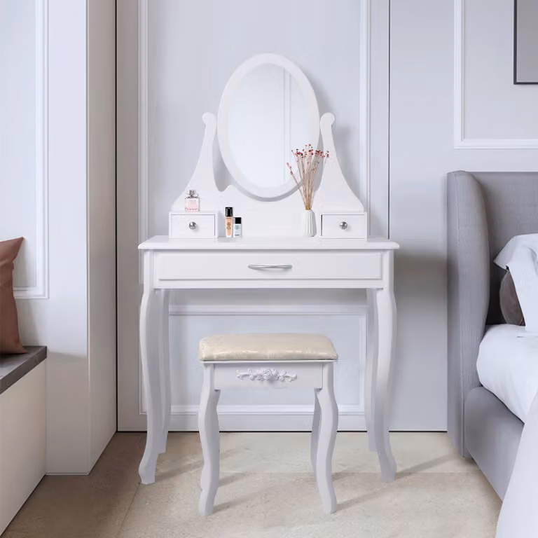 ML-Design tavolo da toilette bianco, tavolo da toilette con specchio, sgabello e 3 cassetti, 75x140x40 cm, stile country, tavolo cosmetico per donne e ragazze