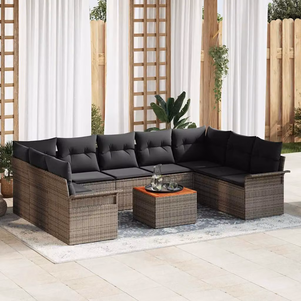 Set Divano da Giardino vidaXL 10 Pezzi Grigio con Cuscini e Tavolino in Metallo e Rattan per Terrazza e Giardino – 1