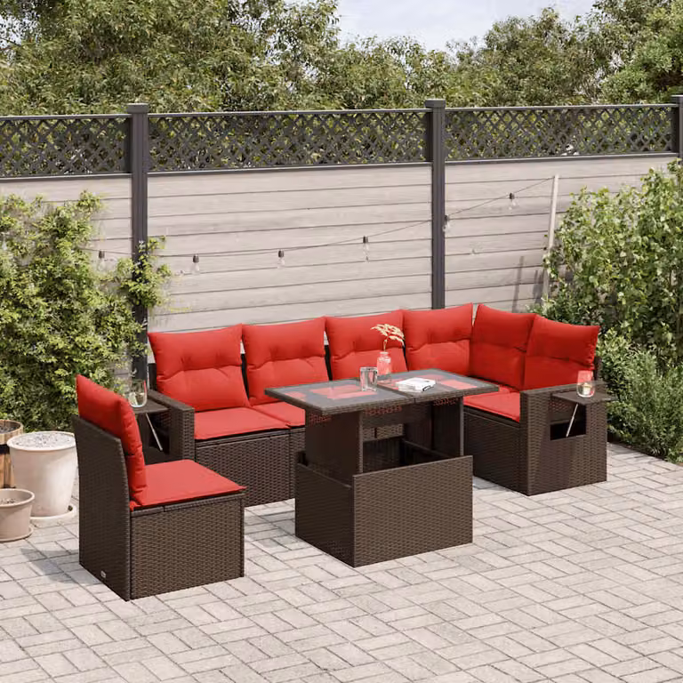 Set da giardino vidaXL in polyrattan marrone con 7 pezzi, divano a L, elementi angolari, tavolino da esterno e cuscini inclusi