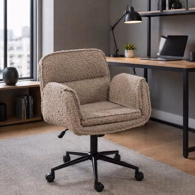 Sedia da ufficio girevole OKWISH in tessuto bouclé marrone con braccioli e base in metallo per casa e ufficio – 1
