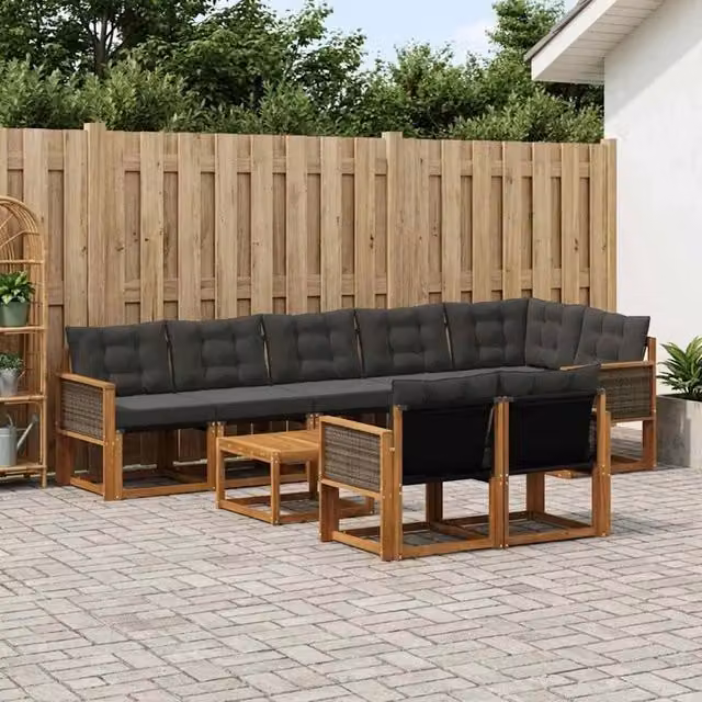 Set di divani da esterno a forma di U vidaXL in legno di acacia e textilene con tavolo da caffè, colore marrone e nero
