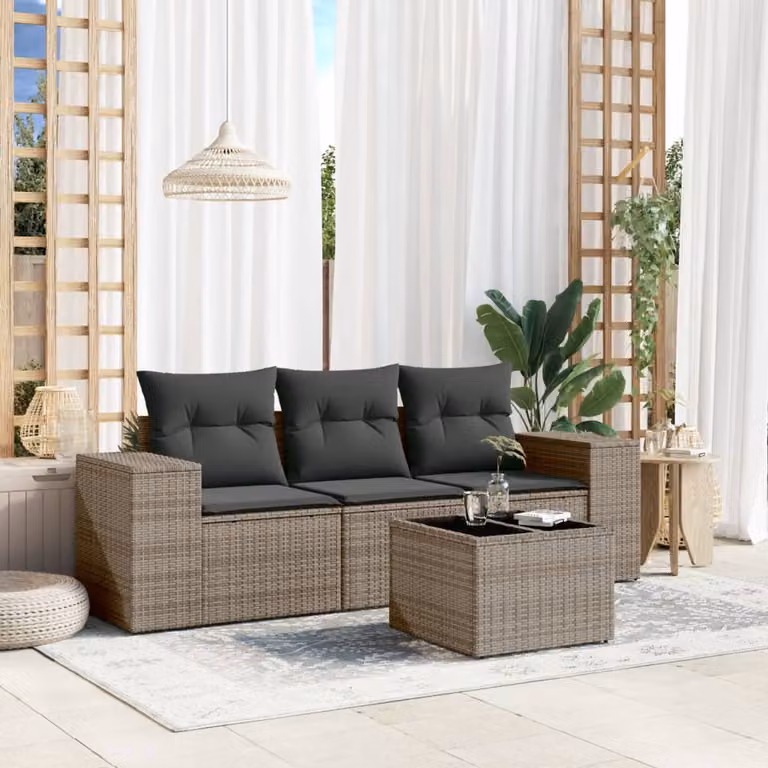 Set da giardino vidaXL composto da 4 pezzi in rattan con cuscini grigi e struttura in acciaio verniciato a polvere