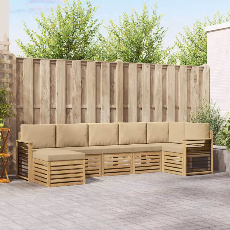vidaXL Set di divani da esterno a L composto da 7 pezzi in legno di acacia con cuscini Bianco e Beige