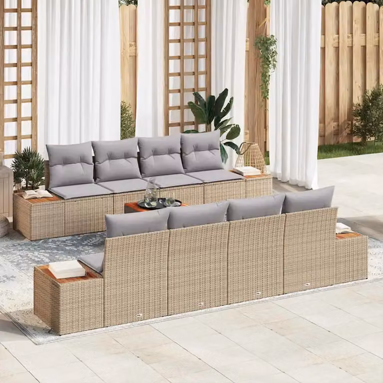 Set Divano da Giardino vidaXL 9 Pezzi in Polyrattan Beige con Cuscini e Tavolino da Esterno