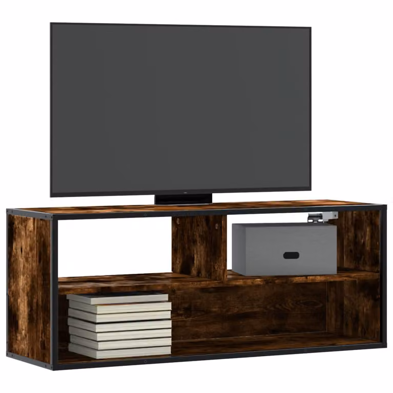 Mobile TV vidaXL in stile industriale in legno multistrato e metallo, colore rovere fumo, L 100 cm x P 31 cm x H 39,5 cm