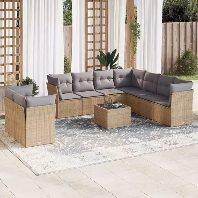 Set Divano da Giardino VIDAXL a Forma a U in Polyrattan con Cuscini Beige, 10 Pezzi – 1