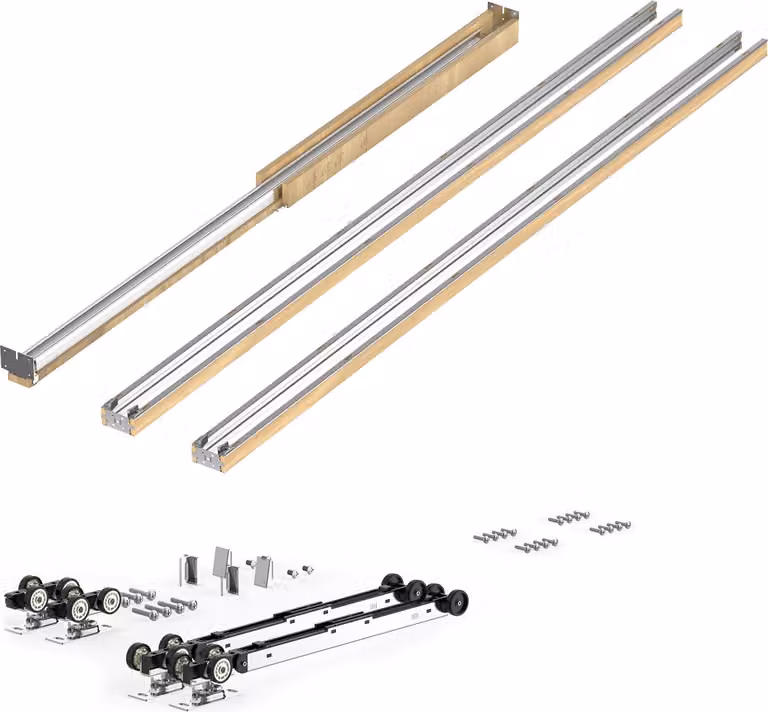 Set di telai per porte scorrevoli SucceBuy per porte larghe 1219-1829 mm e alte 2032 mm, sistema di porte scorrevoli in robusto acciaio e legno con funzione soft-close a due vie e funzionamento silenzioso, ideale per la zona giorno