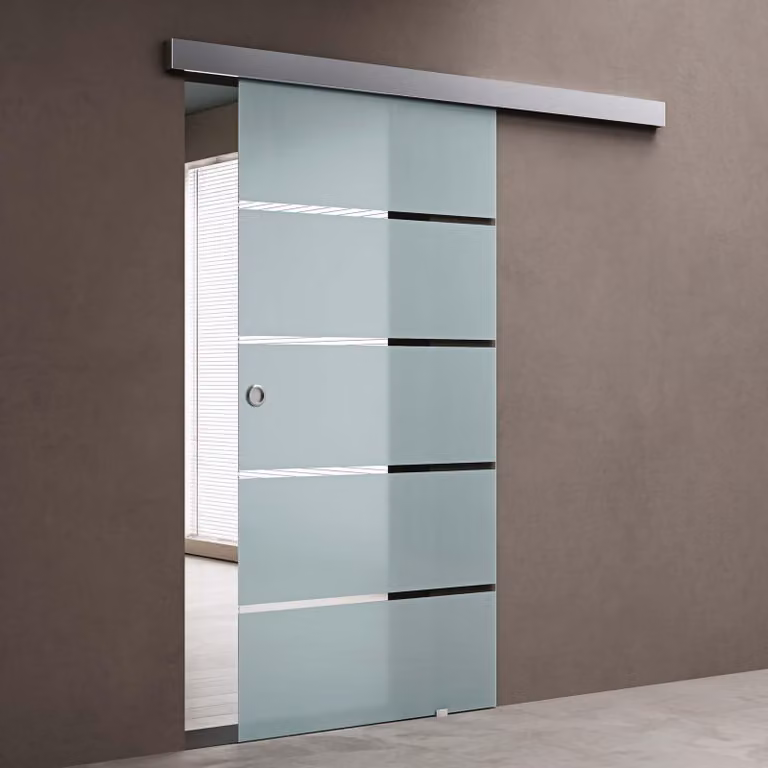 doporro Porta Scorrevole in Vetro Temperato 8 mm Opaco a Strisce, Trasparente, con Binario in Alluminio Cromato, Soft-Close e Kit Distanziale da Parete, 102,5x215 cm Amalfi11H