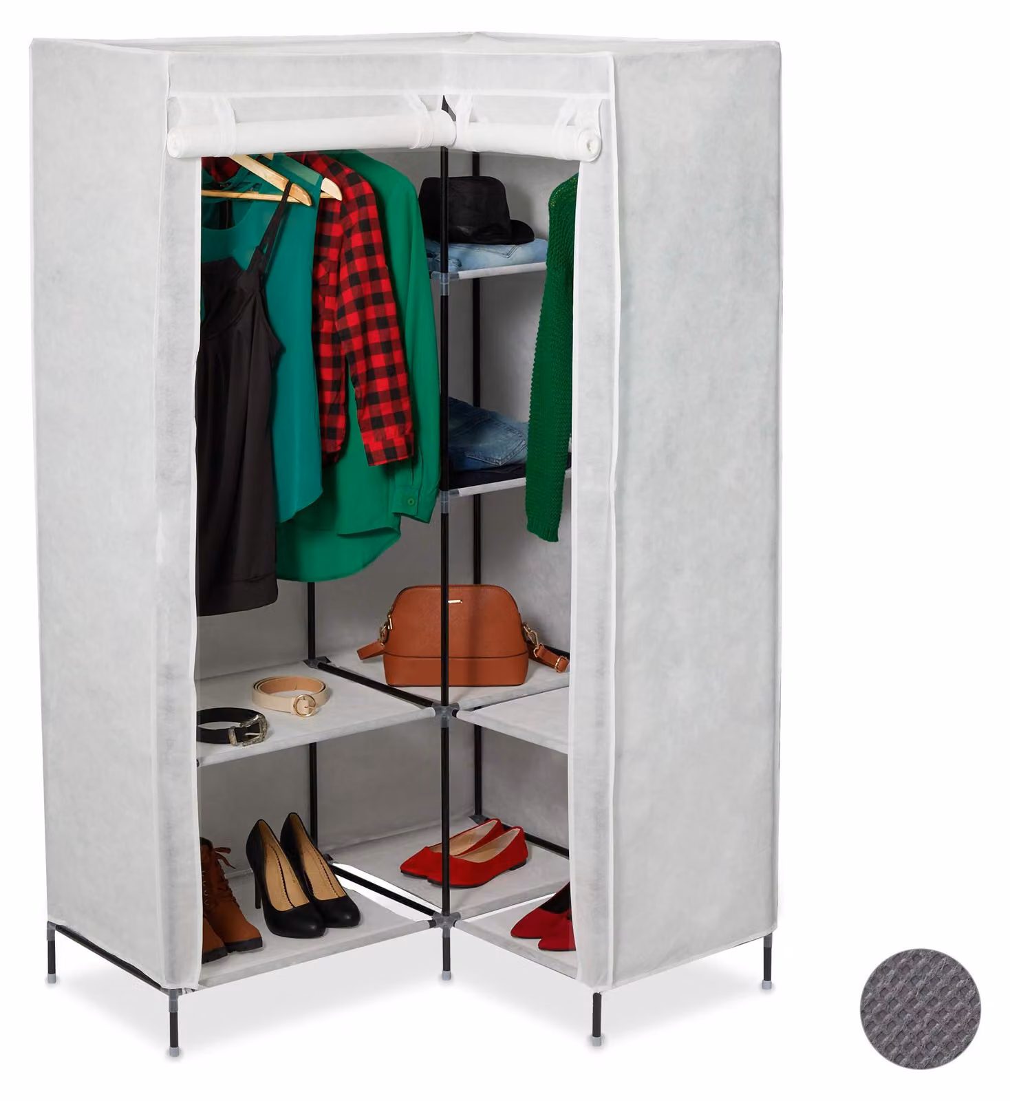 Armadio per abiti in tessuto, con 8 scomparti, 2 aste appendiabiti, dimensioni 169x100x83 cm, colore bianco