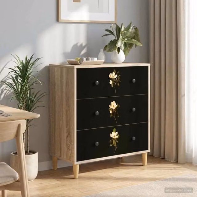 Cassettiera moderna vidaXL con stampa floreale, marrone e nero, L 66 cm x P 36,5 cm x H 75 cm – 1